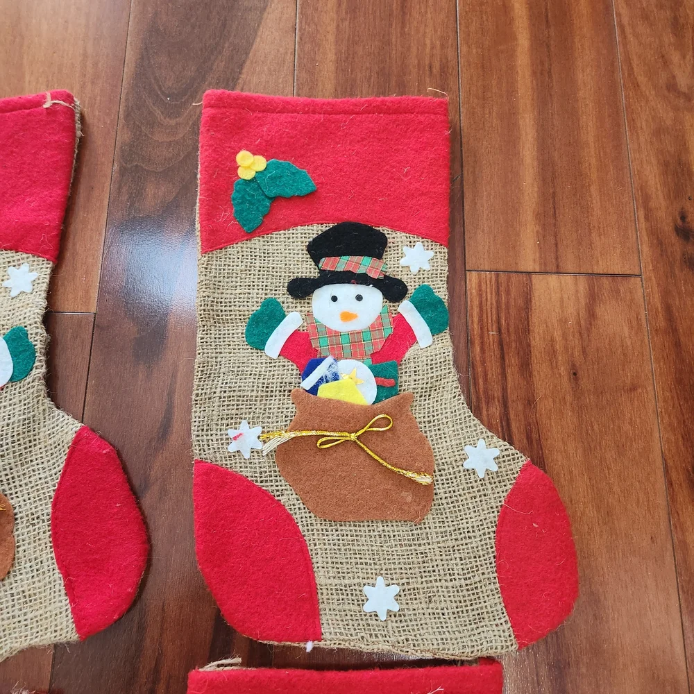 Set of 4 Burlap with Felt Applique Christmas Stockings